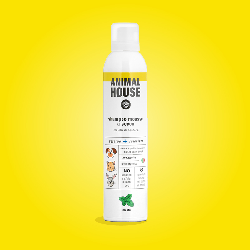 Shampoo mousse a secco alla menta per animali